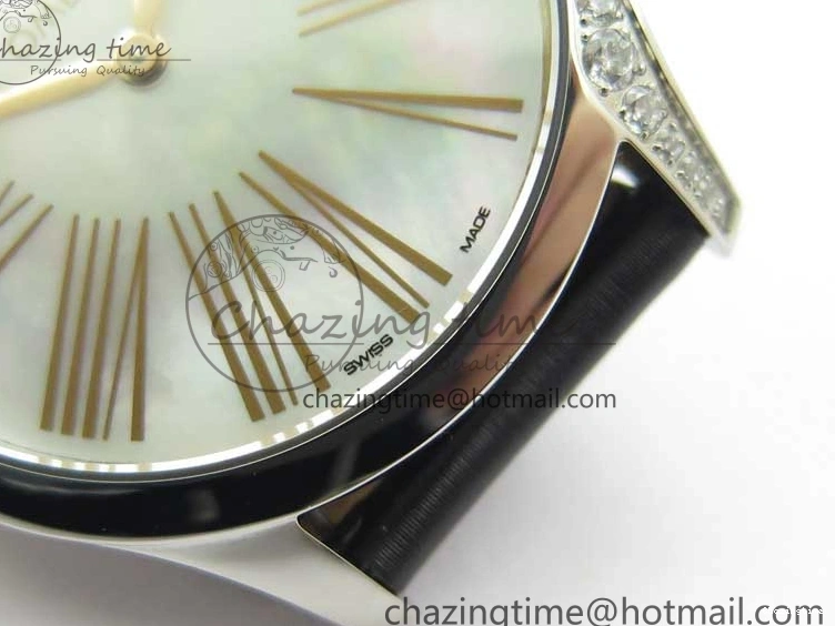 0420 StreetReady Ladies’ De Ville Trésor Diamond SS 3AF 1:1 Best Edition White MOP Dial RG Markers On Black Fabric strap Swiss Quartz 7884